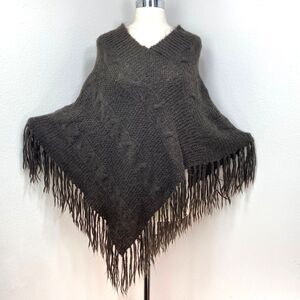 Banana Republic Angora Lamswool Brown Cable Knit Poncho S/M Fringe Boho Gypsy